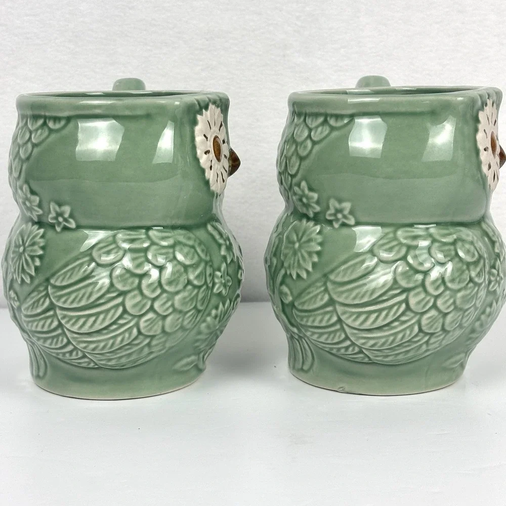 Pier 1 Stoneware Owl Mugs Set of 2 Sage Jade Green Embossed Floral Coffee Cups